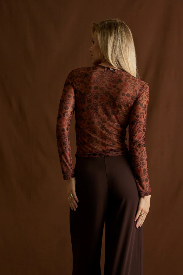 ENZZO ΓΥΝΑΙΚΕΙΑ ΜΠΛΟΥΖΑ ΤΟΥΛΙ ΜΑΚΡΥΜΑΝΙΚΗ ΕΜΠΡΙΜΕ FLORAL IRA ΚΑΦΕ 252128