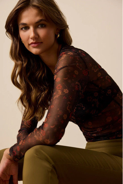 ENZZO ΓΥΝΑΙΚΕΙΑ ΜΠΛΟΥΖΑ ΤΟΥΛΙ ΜΑΚΡΥΜΑΝΙΚΗ ΕΜΠΡΙΜΕ FLORAL IRA ΜΑΥΡΟ 252128