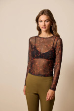 ENZZO ΓΥΝΑΙΚΕΙΑ ΜΠΛΟΥΖΑ ΤΟΥΛΙ ΜΑΚΡΥΜΑΝΙΚΗ ΕΜΠΡΙΜΕ FLORAL IRA ΜΑΥΡΟ 252128