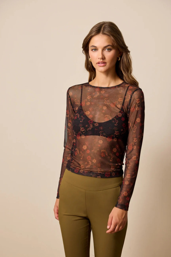 ENZZO ΓΥΝΑΙΚΕΙΑ ΜΠΛΟΥΖΑ ΤΟΥΛΙ ΜΑΚΡΥΜΑΝΙΚΗ ΕΜΠΡΙΜΕ FLORAL IRA ΜΑΥΡΟ 252128