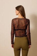 ENZZO ΓΥΝΑΙΚΕΙΑ ΜΠΛΟΥΖΑ ΤΟΥΛΙ ΜΑΚΡΥΜΑΝΙΚΗ ΕΜΠΡΙΜΕ FLORAL IRA ΜΑΥΡΟ 252128