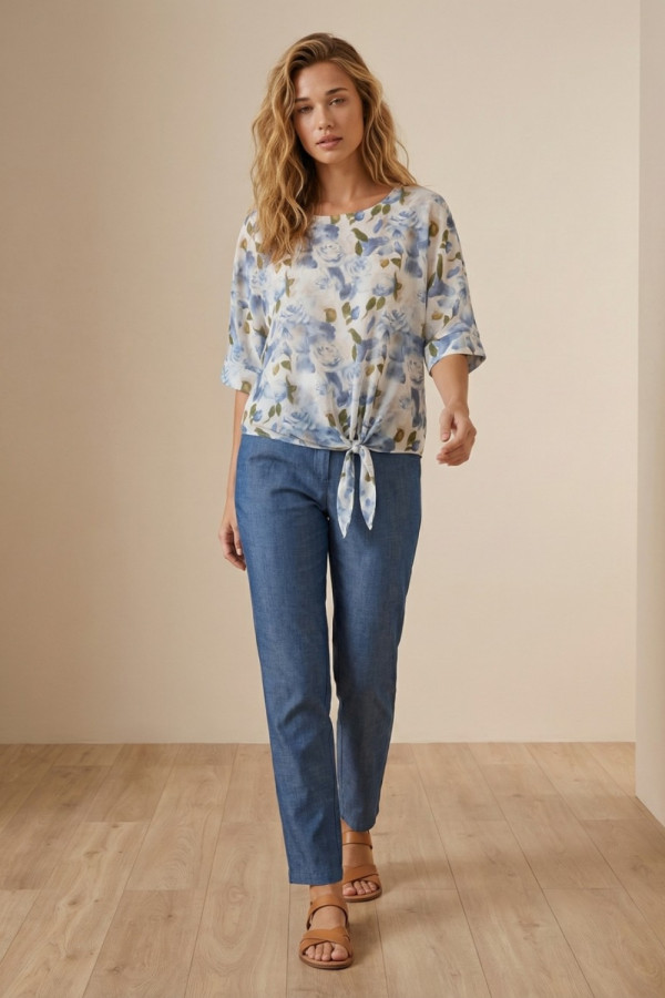 Γυναικεία μπλούζα Derpouli floral σιελ με δέσιμο 1.10.39380 Γυναικεία μπλούζα Derpouli floral σιελ με δέσιμο 1.10.39380