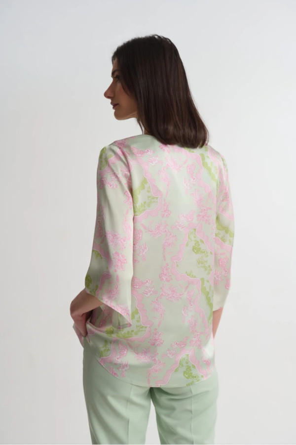 Γυναικεία μπλούζα Fibes ροζ με 3/4 μανίκια εμπριμέ σατινέ 03-7356