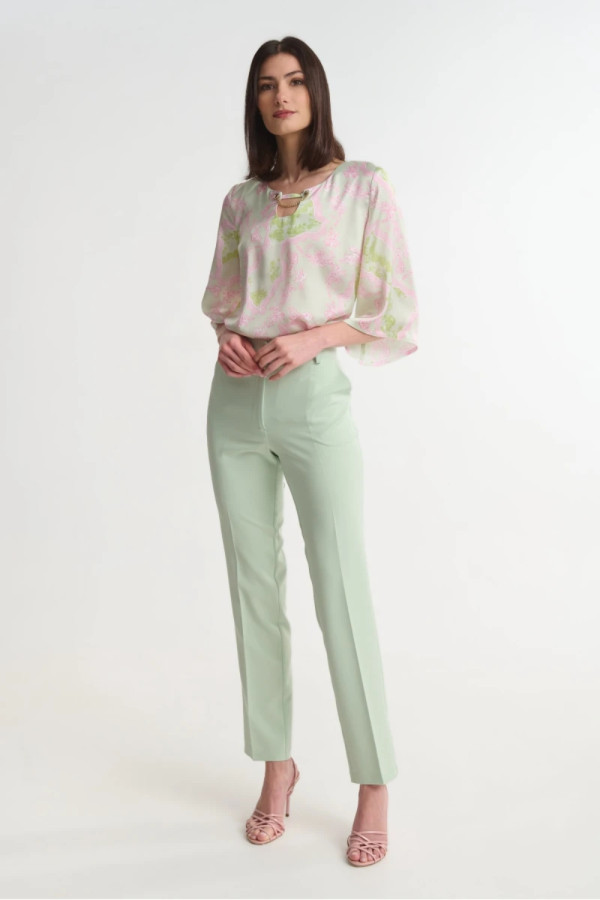 Γυναικεία μπλούζα Fibes ροζ με 3/4 μανίκια εμπριμέ σατινέ 03-7356