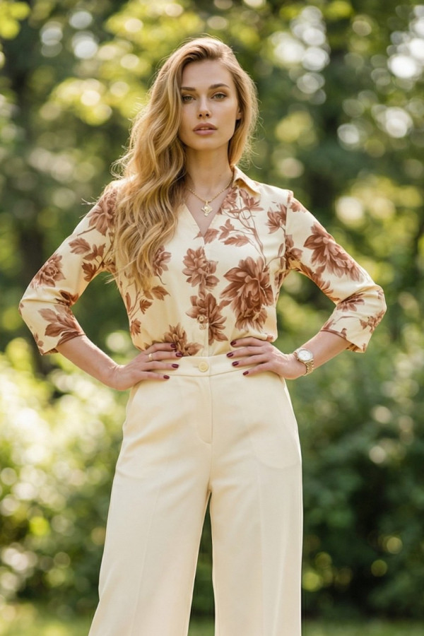 Γυναικεία εμπριμέ μπλούζα μπανάνα με γιακά και μανίκι 3/4 -Derpouli- 1.10.39309