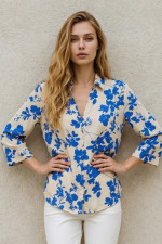 Γυναικεία εμπριμέ μπλούζα σιελ με γιακά και μανίκι 3/4 -Derpouli- 1.10.39309