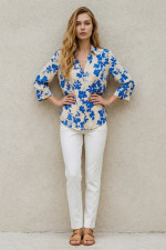 Γυναικεία εμπριμέ μπλούζα σιελ με γιακά και μανίκι 3/4 -Derpouli- 1.10.39309