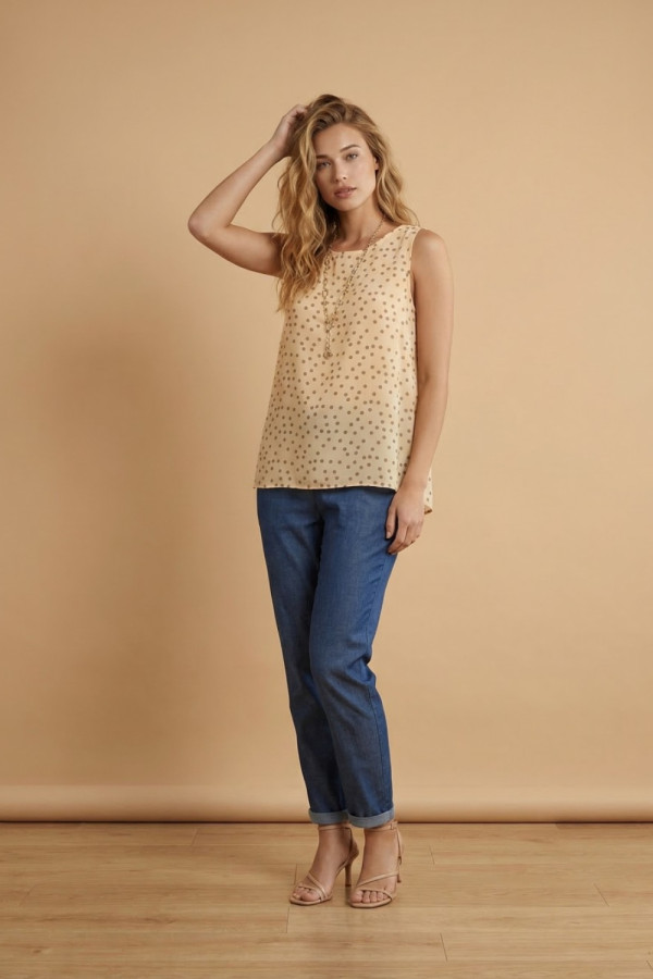 Γυναικείο τοπ μπανανα αμάνικο με πουά μοτίβο Derpouli - 1.10.87350