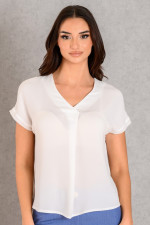 DERPOULI WOMEN'S BLOUSE WITH "V" AND PLEEDE ECRU 1.10.39056