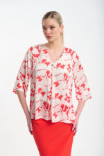 Γυναικεία μπλούζα Fibes κοραλλί εμπριμέ σατινέ με τρουακάρ μανίκια 03-7363
