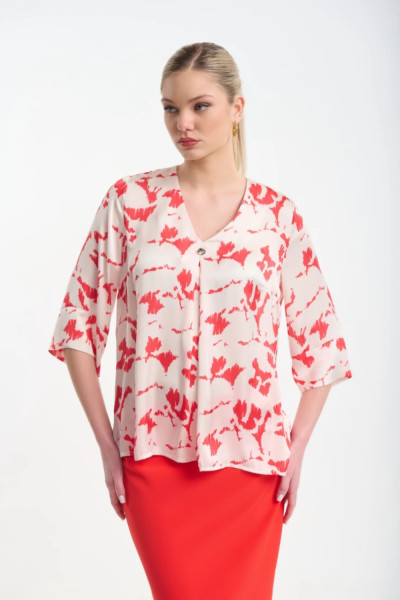 Γυναικεία μπλούζα Fibes κοραλλί εμπριμέ σατινέ με τρουακάρ μανίκια 03-7363