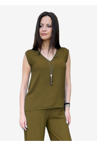 DERPOULI ΓΥΝΑΙΚΕΙΑ ΜΠΛΟΥΖΑ "V"  ΑΜΑΝΙΚΗ ΜΕ ΚΟΛΙΕ OLIVE 1.10.27412