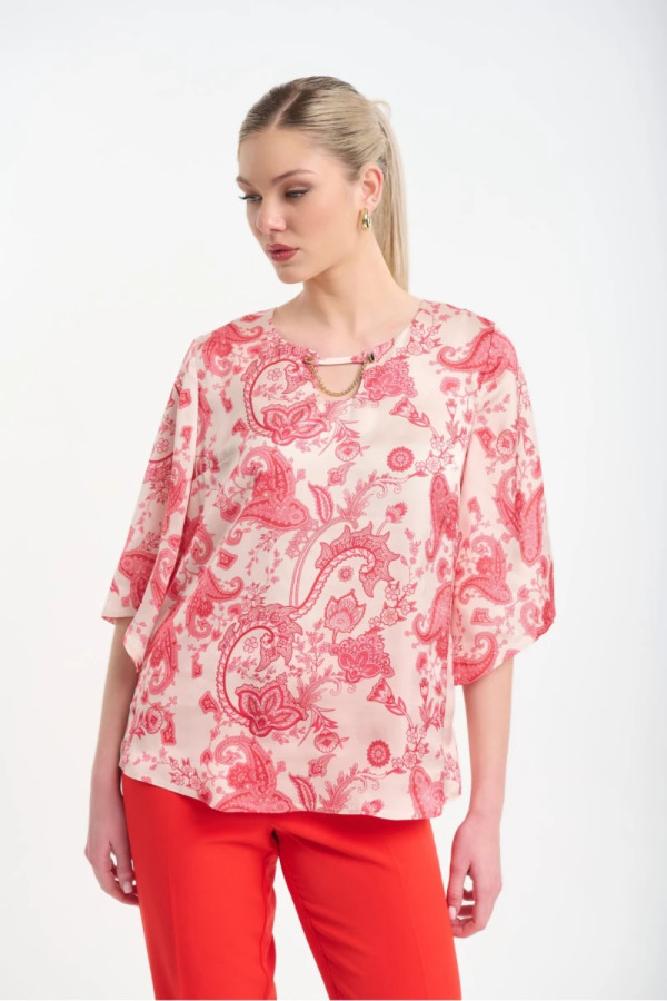 Γυναικεία μπλούζα Fibes κοραλλί εμπριμέ σατινέ με αλυσίδα 03-7353