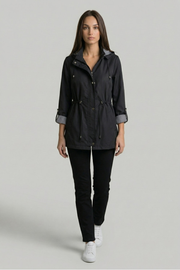 Γυναικείο ανοιξιάτικο μπουφάν με κουκούλα και ρυθμιζόμενη μέση μαύρο – Fibes 01-6218