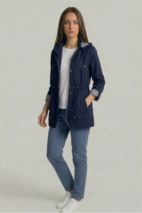 Γυναικείο ανοιξιάτικο μπουφάν Fibes μπλε με κουκούλα και ρυθμιζόμενη μέση 01-6218