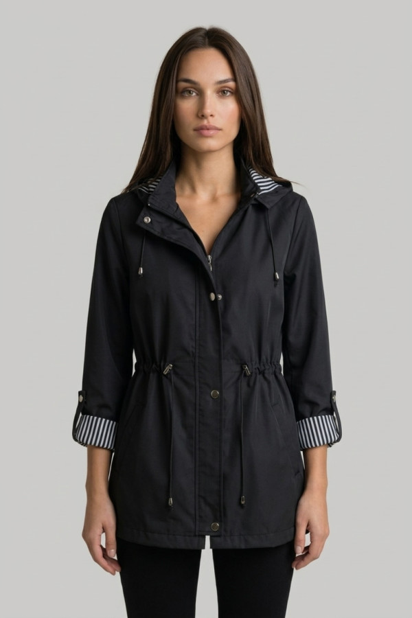 Γυναικείο ανοιξιάτικο μπουφάν με κουκούλα και ρυθμιζόμενη μέση μαύρο – Fibes 01-6218