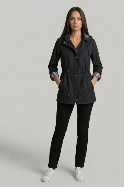 Γυναικείο ανοιξιάτικο μπουφάν μαύρο με κουκούλα και ρυθμιζόμενη μέση Fibes - 01-6218