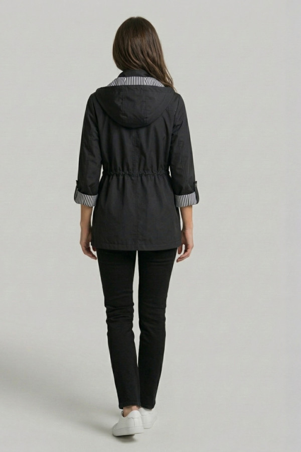 Γυναικείο ανοιξιάτικο μπουφάν με κουκούλα και ρυθμιζόμενη μέση μαύρο – Fibes 01-6218