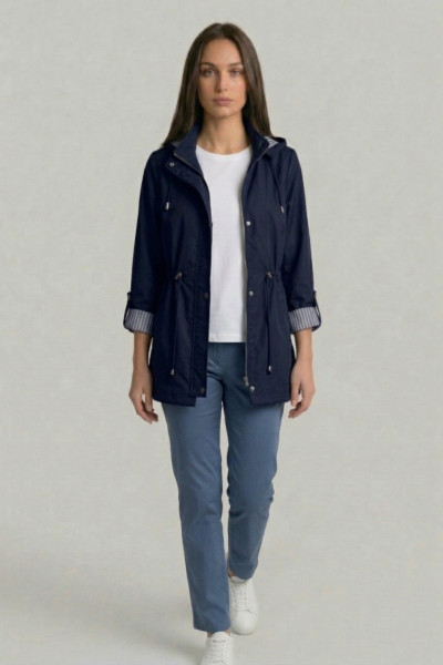 Γυναικείο ανοιξιάτικο μπουφάν Fibes μπλε με κουκούλα και ρυθμιζόμενη μέση 01-6218 Γυναικείο ανοιξιάτικο μπουφάν Fibes μπλε με κουκούλα και ρυθμιζόμενη μέση 01-6218