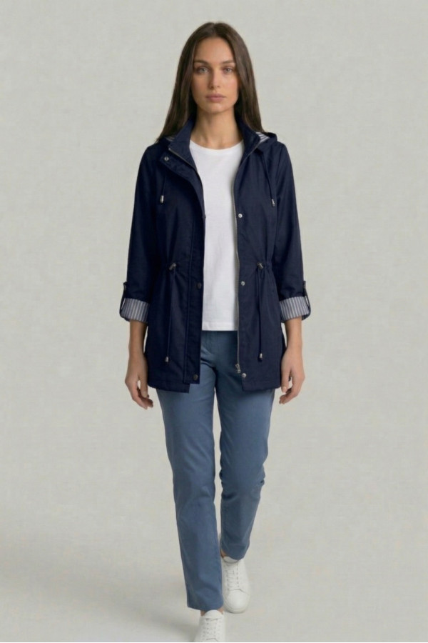 Γυναικείο ανοιξιάτικο μπουφάν Fibes μπλε με κουκούλα και ρυθμιζόμενη μέση 01-6218