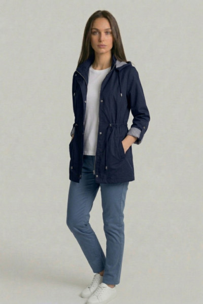 Γυναικείο ανοιξιάτικο μπουφάν Fibes μπλε με κουκούλα και ρυθμιζόμενη μέση 01-6218