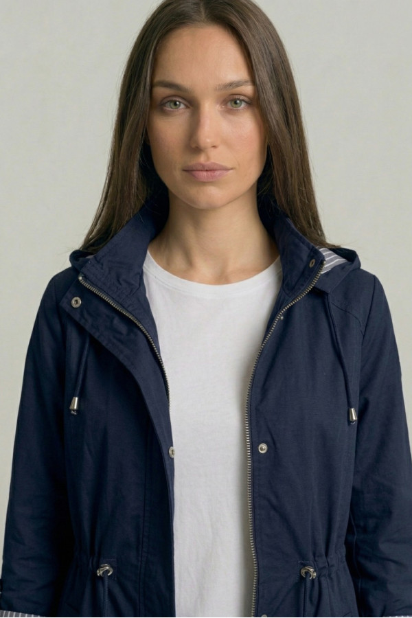 Γυναικείο ανοιξιάτικο μπουφάν Fibes μπλε με κουκούλα και ρυθμιζόμενη μέση 01-6218