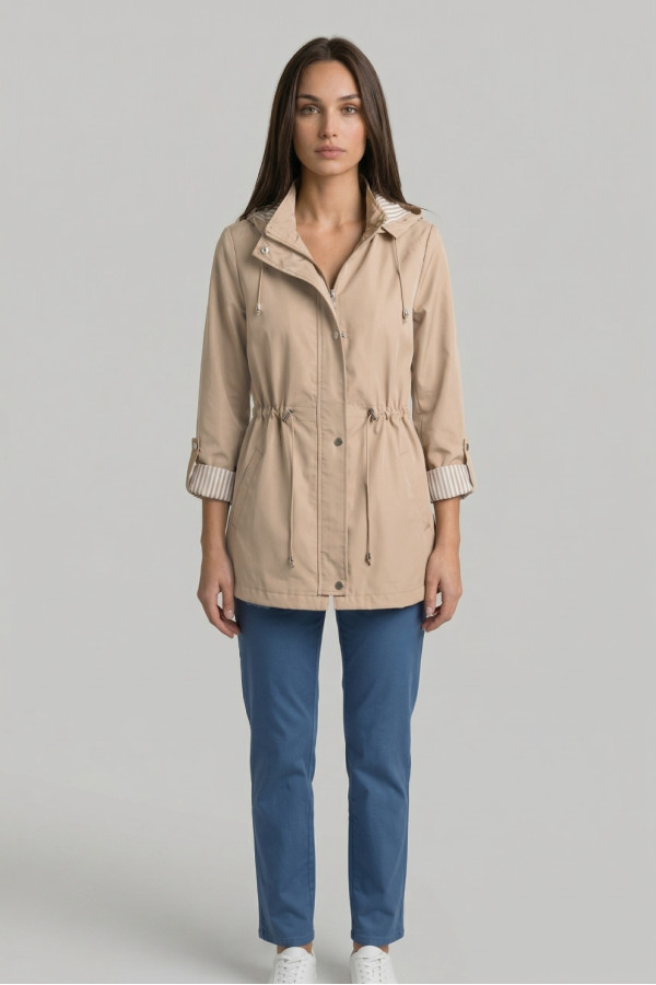 Γυναικείο ανοιξιάτικο μπουφάν Fibes μπεζ με κουκούλα και ρυθμιζόμενη μέση 01-6218