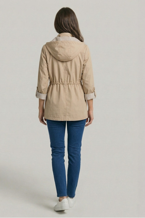 Γυναικείο ανοιξιάτικο μπουφάν Fibes μπεζ με κουκούλα και ρυθμιζόμενη μέση 01-6218