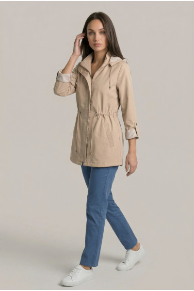 Γυναικείο ανοιξιάτικο μπουφάν Fibes μπεζ με κουκούλα και ρυθμιζόμενη μέση 01-6218