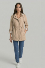 Γυναικείο ανοιξιάτικο μπουφάν Fibes μπεζ με κουκούλα και ρυθμιζόμενη μέση 01-6218