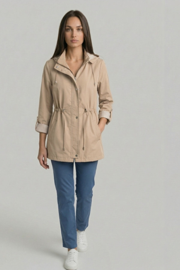 Γυναικείο ανοιξιάτικο μπουφάν Fibes μπεζ με κουκούλα και ρυθμιζόμενη μέση 01-6218