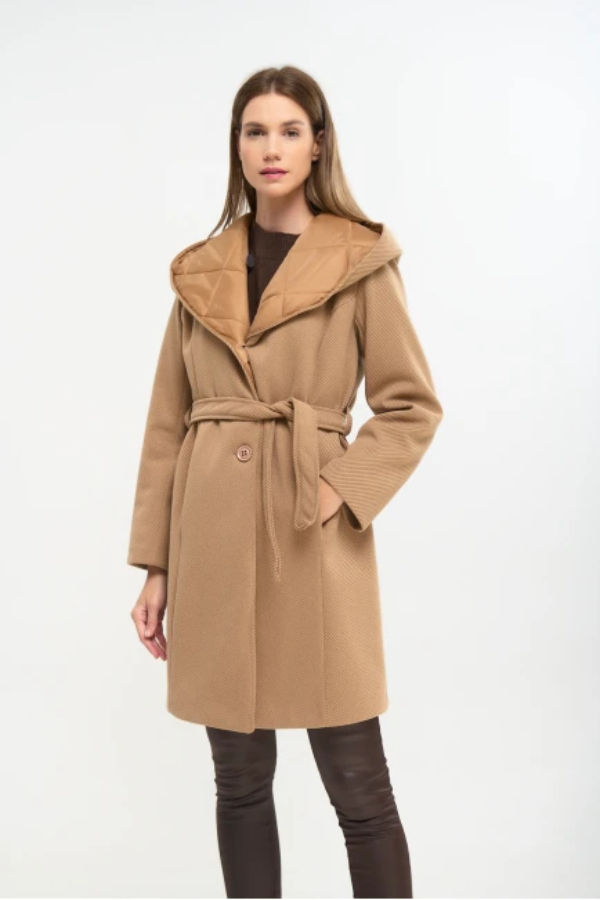 FIBES ΓΥΝΑΙΚΕΙΟ ΗΜΙΠΑΛΤΟ ΔΙΑΓΩΝΑΛ ΜΕ ΚΟΥΚΟΥΛΑ ΚΑΙ ΖΩΝΗ ΚΑΜΕΛ 01-6176