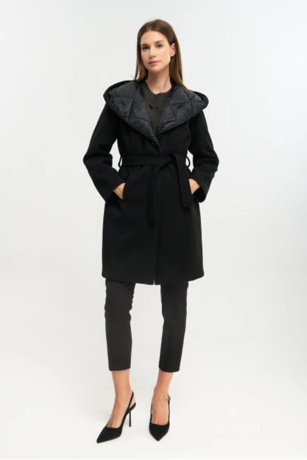 FIBES ΓΥΝΑΙΚΕΙΟ ΗΜΙΠΑΛΤΟ ΔΙΑΓΩΝΑΛ ΜΕ ΚΟΥΚΟΥΛΑ ΚΑΙ ΖΩΝΗ ΜΑΥΡΟ 01-6176