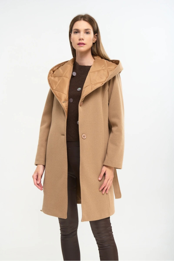 FIBES ΓΥΝΑΙΚΕΙΟ ΗΜΙΠΑΛΤΟ ΔΙΑΓΩΝΑΛ ΜΕ ΚΟΥΚΟΥΛΑ ΚΑΙ ΖΩΝΗ ΚΑΜΕΛ 01-6176