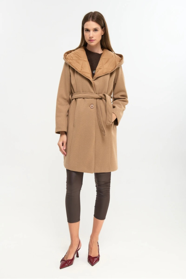 FIBES ΓΥΝΑΙΚΕΙΟ ΗΜΙΠΑΛΤΟ ΔΙΑΓΩΝΑΛ ΜΕ ΚΟΥΚΟΥΛΑ ΚΑΙ ΖΩΝΗ ΚΑΜΕΛ 01-6176