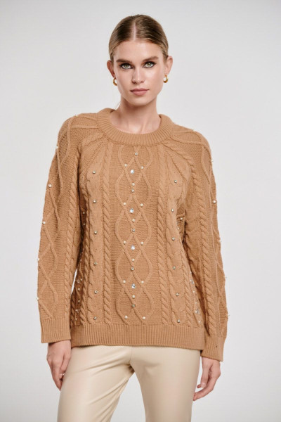 FIBES WOMEN'S KNIT BLOUSE WITH RHINESTONES AND PEARLS CAMEL 03-6509