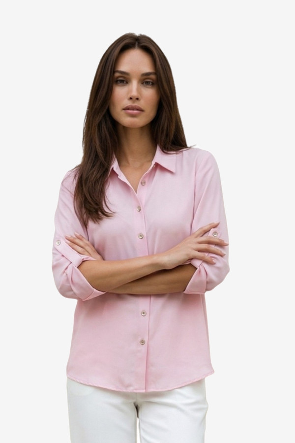 Γυναικείο ροζ πουκάμισο με πατ στα μανίκια – Derpouli - 1.12.39306
