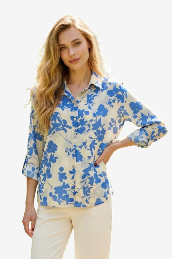 Γυναικείο εμπριμέ πουκάμισο με πατ στα μανίκια σιελ – Derpouli - 1.12.39310