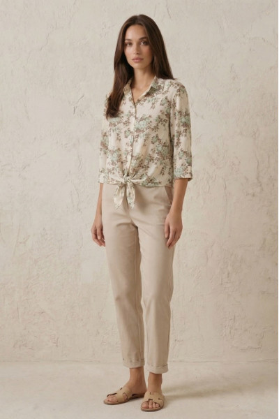 Γυναικείο floral πουκάμισο μέντα με δέσιμο και μανίκι 3/4  Derpouli - 1.12.39-50805