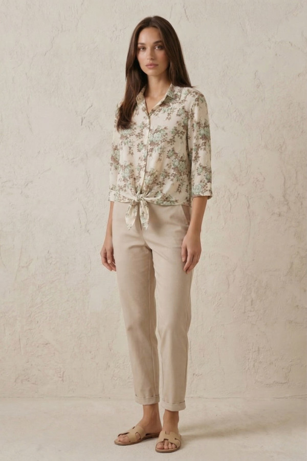 Γυναικείο floral πουκάμισο μέντα με δέσιμο και μανίκι 3/4  Derpouli - 1.12.39-50805