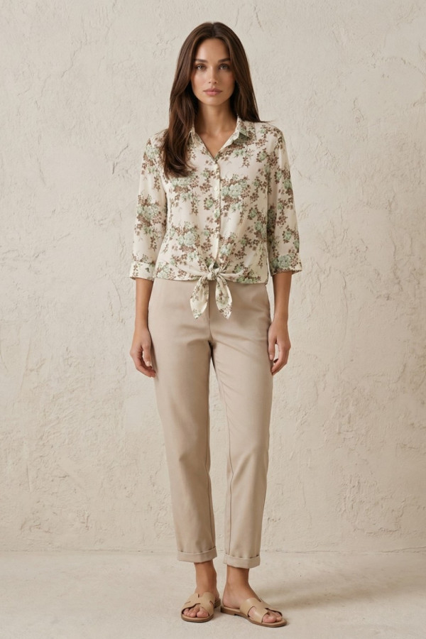 Γυναικείο floral πουκάμισο μέντα με δέσιμο και μανίκι 3/4  Derpouli - 1.12.39-50805