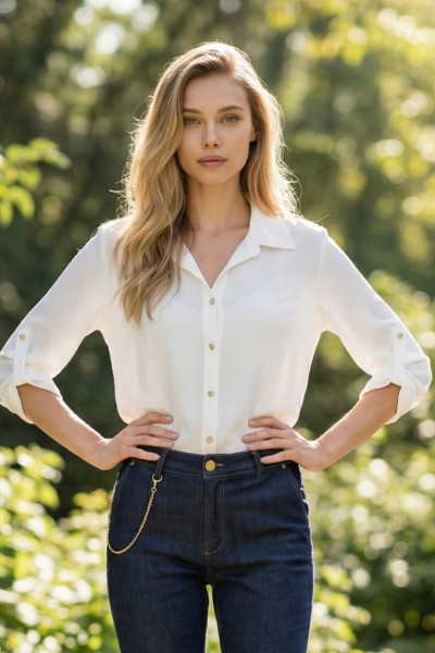 Γυναικείο λευκό πουκάμισο με πατ στα μανίκια – Derpouli - 1.12.39306 - 1.12.39306