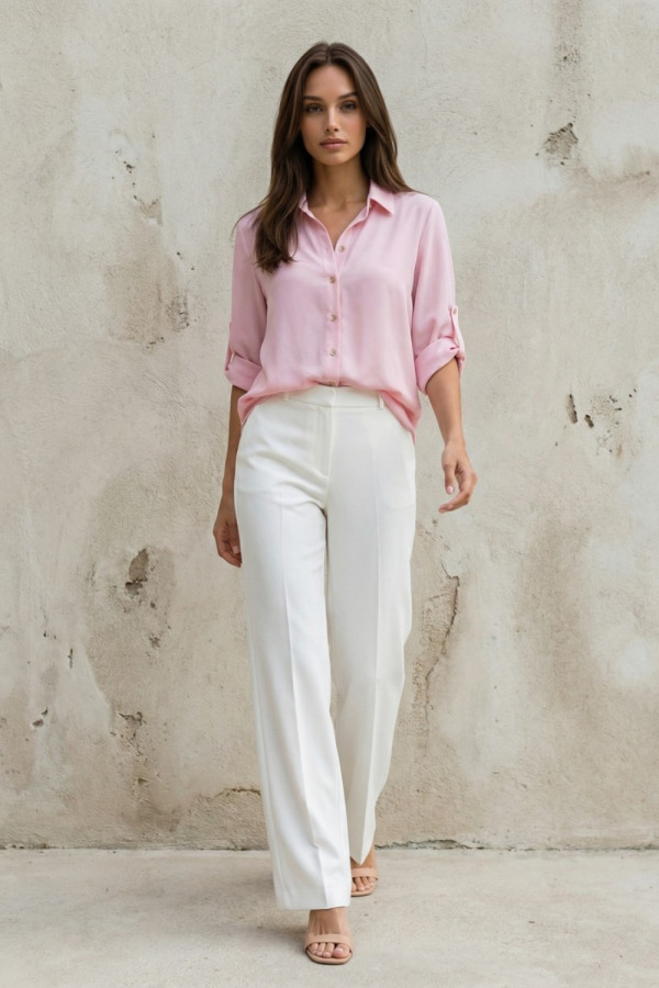 Γυναικείο ροζ πουκάμισο με πατ στα μανίκια – Derpouli - 1.12.39306