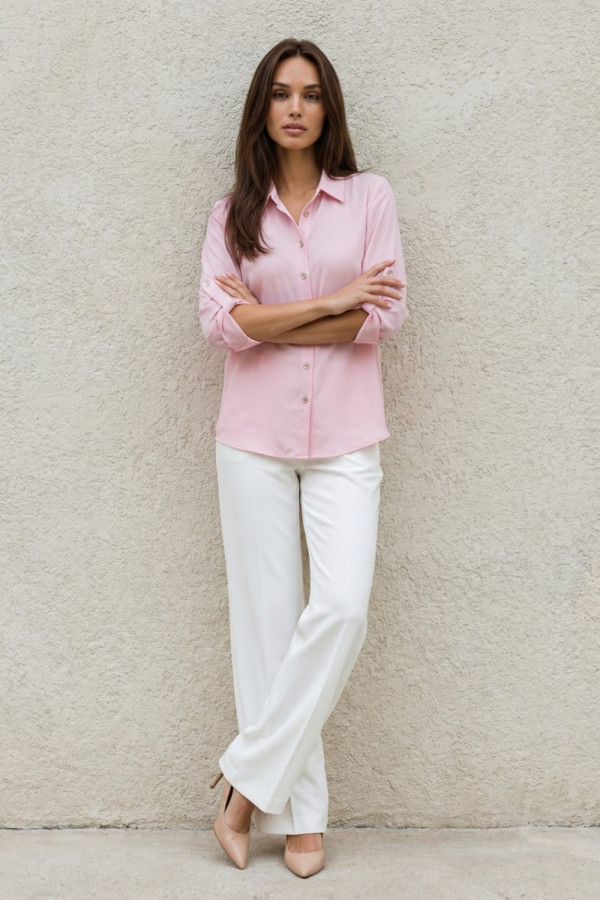 Γυναικείο ροζ πουκάμισο με πατ στα μανίκια – Derpouli - 1.12.39306