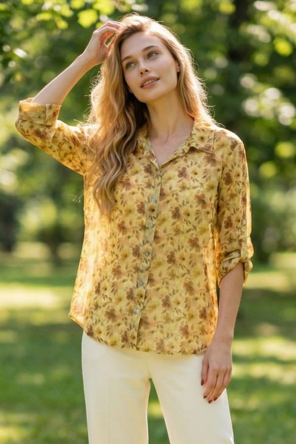 Γυναικείο εμπριμέ πουκάμισο με πατ στα μανίκια μπανάνα – Derpouli - 1.12.39310 Γυναικείο εμπριμέ πουκάμισο με πατ στα μανίκια μπανάνα – Derpouli - 1.12.39310