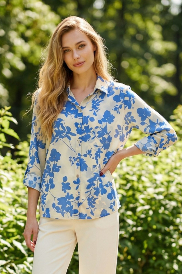 Γυναικείο εμπριμέ πουκάμισο με πατ στα μανίκια σιελ – Derpouli - 1.12.39310