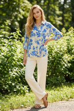 Γυναικείο εμπριμέ πουκάμισο με πατ στα μανίκια σιελ – Derpouli - 1.12.39310