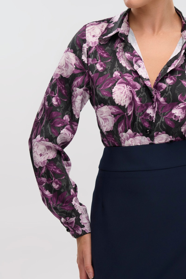 FIBES ΓΥΝΑΙΚΕΙΟ ΠΟΥΚΑΜΙΣΟ ΜΑΚΡΥΜΑΝΙΚΟ ΣΑΤΕΝ FLORAL PURPLE 03-7268