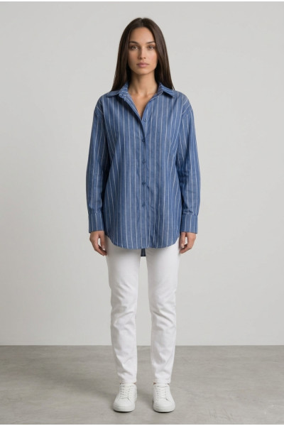 Γυναικείο πουκάμισο μπλε ριγέ Loose Fit βαμβακερό 26-155