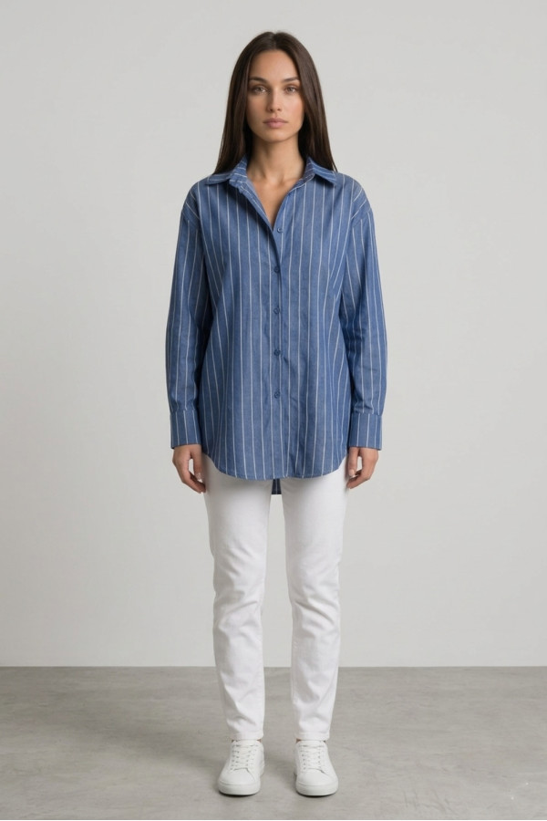 Γυναικείο πουκάμισο μπλε ριγέ Loose Fit βαμβακερό 26-155